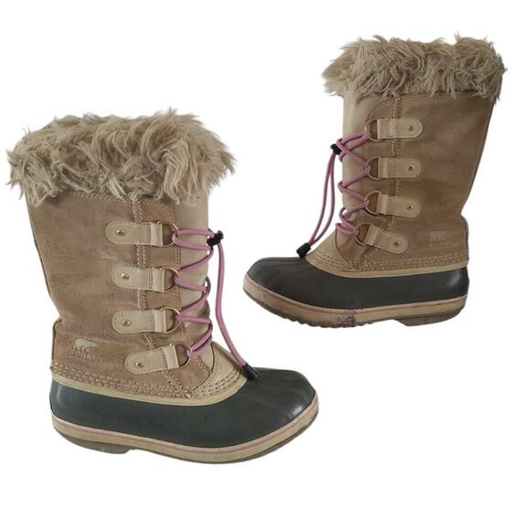 Sorel Girls SZ 4 Joan Of Artic Camel Brown Pink Faux Fur Waterproof Snow Boots - Picture 1 of 16
